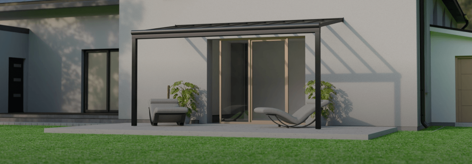 Modern patio with a minimalist pergola, two lounge chairs, potted plants, and sliding glass doors. Soft lighting creates a peaceful, inviting atmosphere