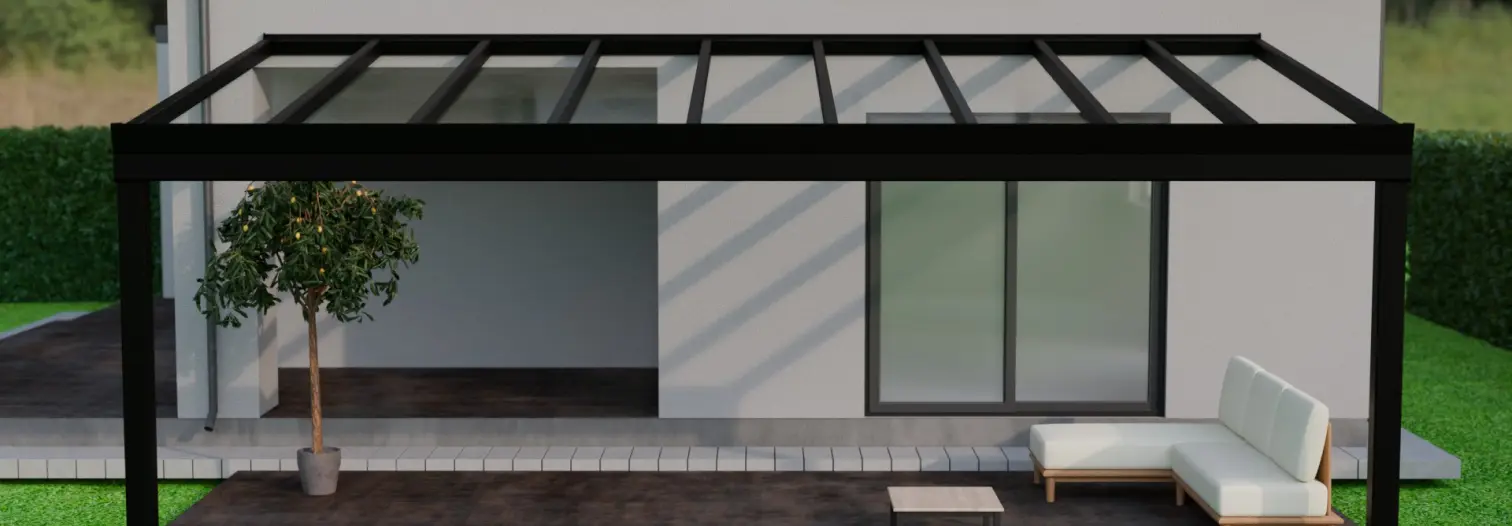 Modern patio with a sleek black pergola, white sectional sofa, and potted tree. The clean design exudes a calm, contemporary vibe.