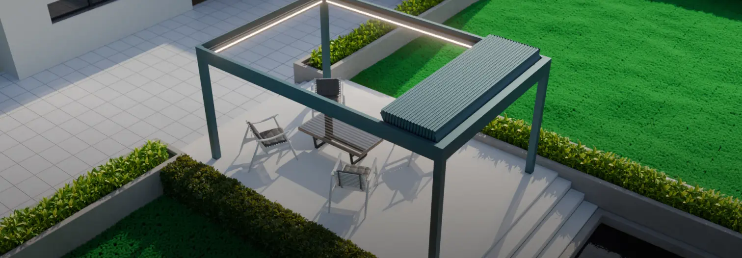 Outdoor patio with a modern pergola over a table and chairs. Surrounded by lush green grass and hedges, with a paved tiled area adjacent
