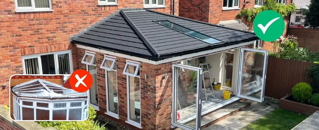 Clad over conservatory roof compared with modern tiled roof, showing incorrect vs recommended solution
